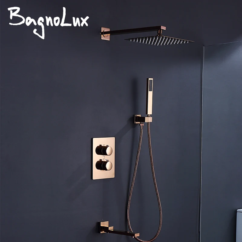 

Bagnolux Brass Brushed Concealed Wall Hanging Top Head And Hand Shower Bathtub Filling Thermostatic Shower Bathroom Faucet