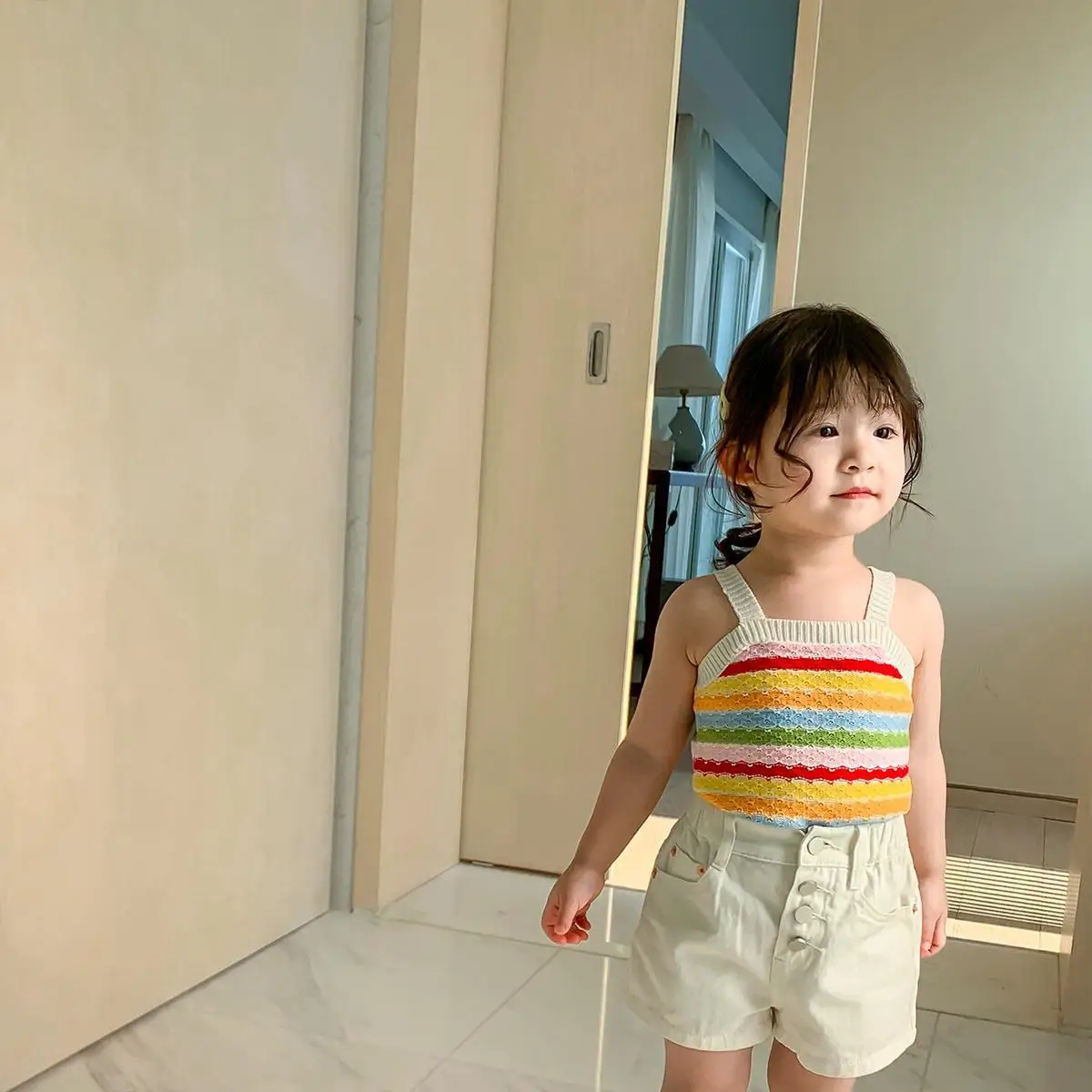 

Girls Casual Vest Children Clothing Rainbow Suspender Vests Summer Cotton Sleeveless Loose T-Shirts Sling Tops