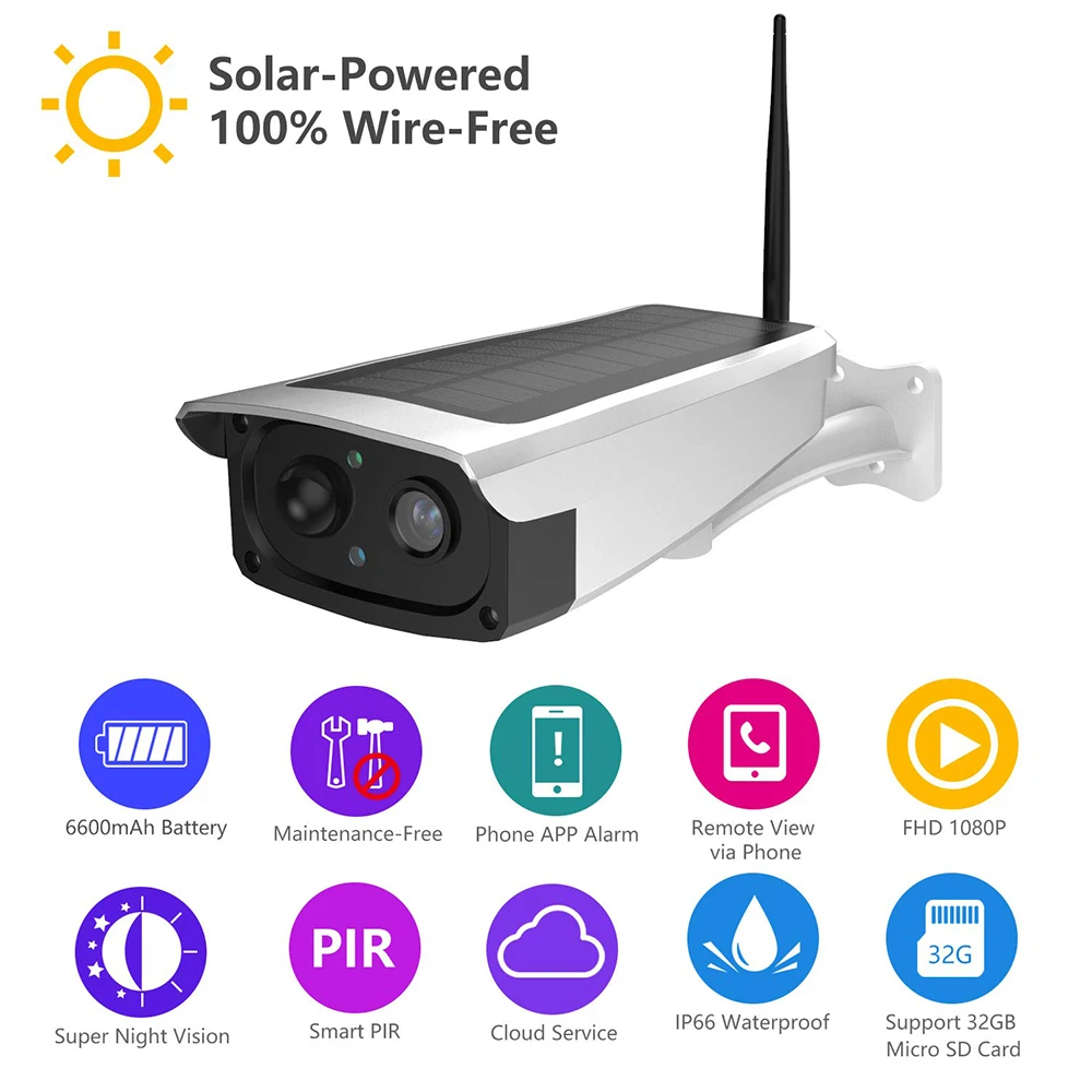 Solar-Powered Battery Security Camera, Wire-Free Wireless IP Camera for Outdoor with 6600mAh Battery, Night Vision, PIR Alarm
Solar-Powered Battery Security Camera, Wire-Free Wireless IP Camera for Outdoor with 6600mAh Battery, Night Vision, PIR Alarm