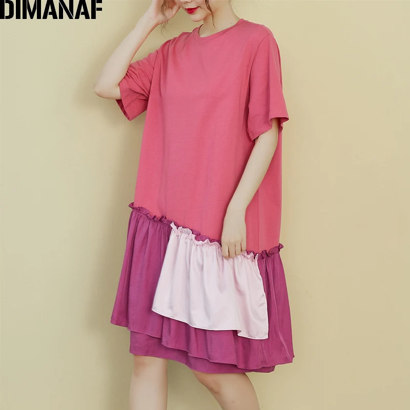 

DIMANAF Summer Plus Size Dress Women Clothing Fashion Sweet Lady Girls Vestidos Sundress Loose Cotton Pleated Ruffles Solid Pink