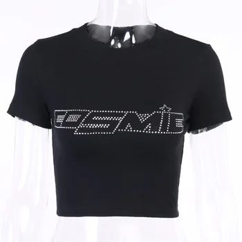 Short Sleeved T-shirt 2020 summer Personality Street Tight-fitting Navel Hot Drilling Letter Shirts Women Short Slim Clothes
Short Sleeved T-shirt 2020 summer Personality Street Tight-fitting Navel Hot Drilling Letter Shirts Women Short Slim Clothes