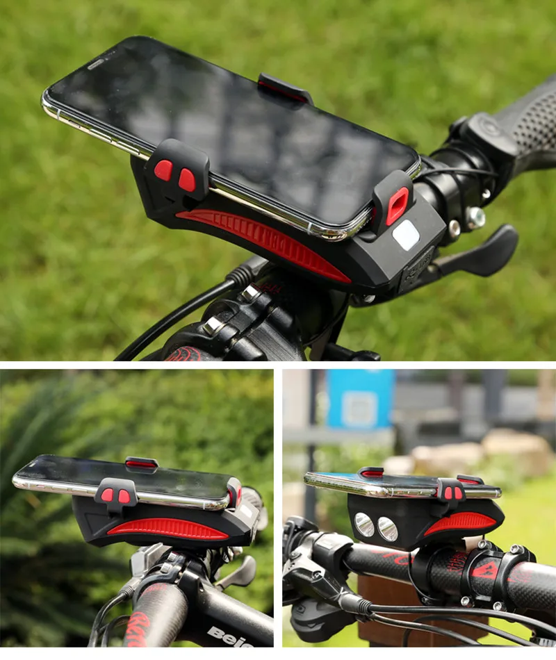 Excellent Waterproof Bicycle Front Lights 4 in1  Phone Holder Bike Horn USB Rechargeable Cycling  Flashlight With Power Bank Hiking tools 16