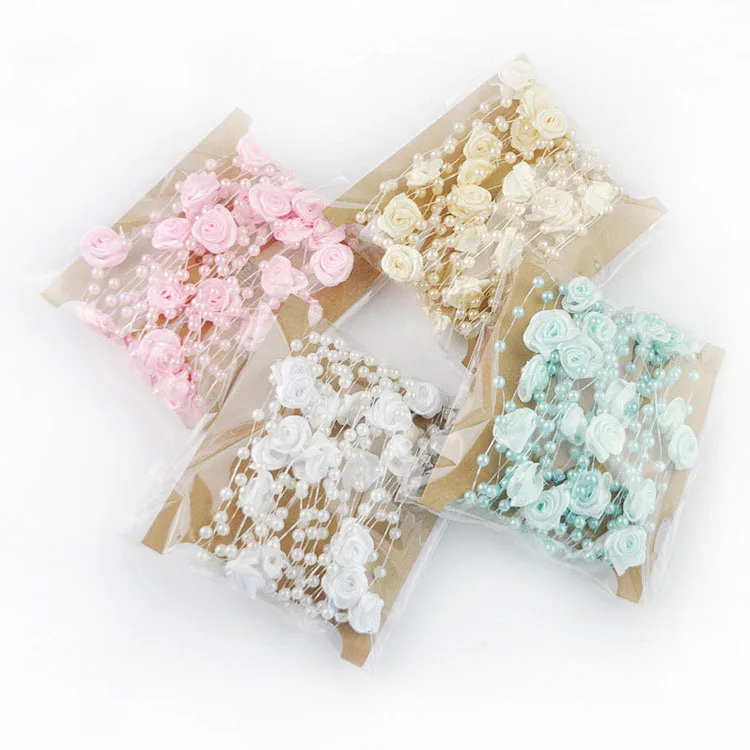 Chaîne de perles d'imitation de 5m, garniture de chaîne de fleur de Rose en tissu pour guirlande de bricolage, décoration de fête de mariage, accessoires artisanaux 5