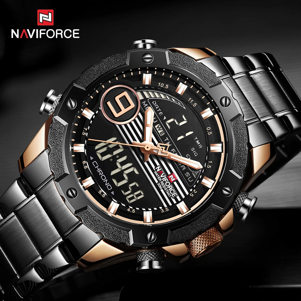 NAVIFORCE Luxury Brand Men's Chronograph Sport Watch Man LED Quartz Dual Display Waterproof Military Wristwatches Men Stop watch
NAVIFORCE Luxury Brand Men's Chronograph Sport Watch Man LED Quartz Dual Display Waterproof Military Wristwatches Men Stop watch