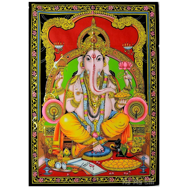 

Lord Ganesha Deity Art Sequin Work Indian God Batik Wall Hanging By Ho Me Lili Tapestry For Room Decor