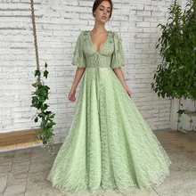 Robe de Soriee Green Lace Evening Dresses V Neck Beads Butterfly Puff Short Sleeve Women Formal Prom Party Gowns Floor Length 
Robe de Soriee Green Lace Evening Dresses V Neck Beads Butterfly Puff Short Sleeve Women Formal Prom Party Gowns Floor Length