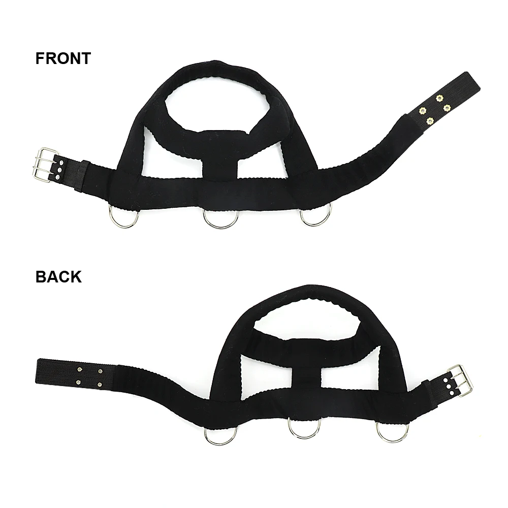 Black harness with rings and buckles, front and back views.