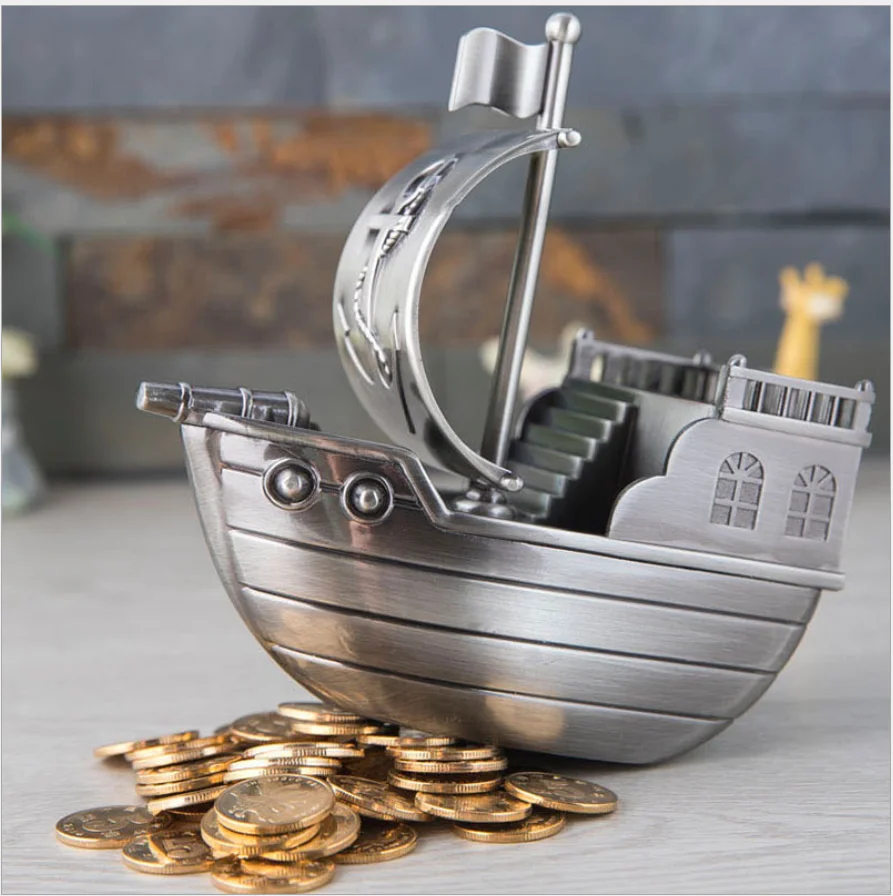 

Retro Pirate Ship shape piggy bank money savings metal money bank kids money saving box for home decoration SNG015