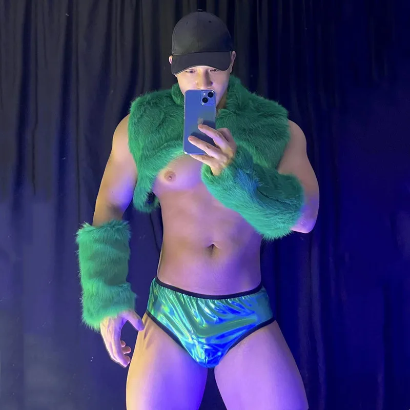 Nightclub DJ Set Men Dancer Gogo Stage Costume Muscle Man Pole Dance Performance Clothes Green Fur Sleeves Laser Leather Briefs
Nightclub DJ Set Men Dancer Gogo Stage Costume Muscle Man Pole Dance Performance Clothes Green Fur Sleeves Laser Leather Briefs