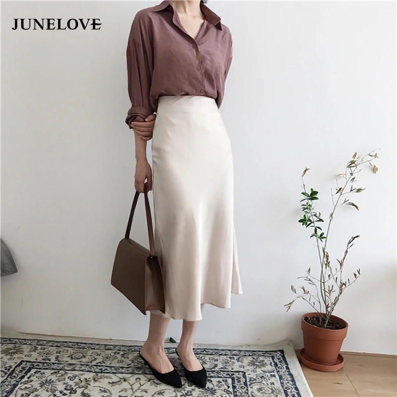 Женская юбка-Русалка JuneLove элегантная однотонная винтажная юбка с высокой талией