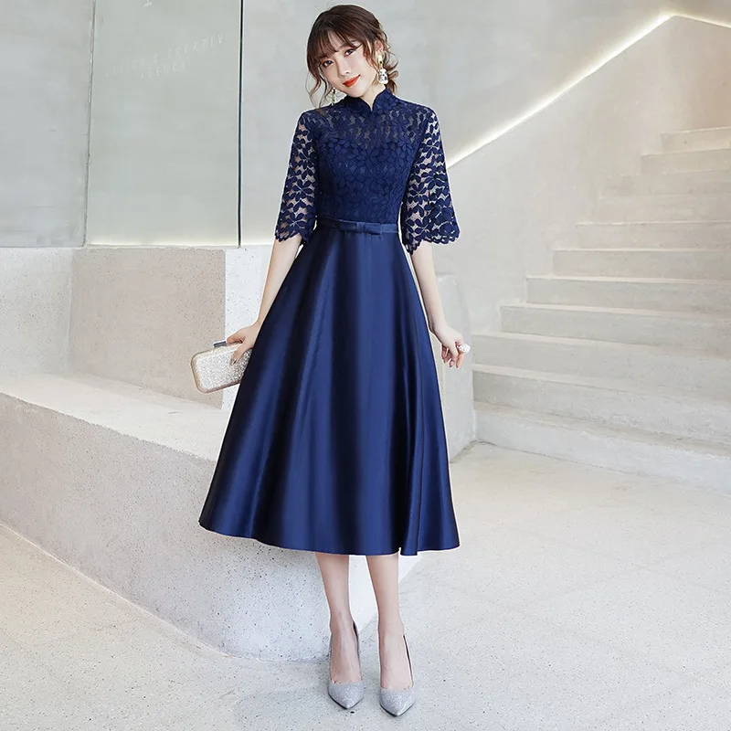 Фото Женское ажурное платье-Ципао темно-синее элегантное банкетное платье средней