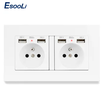 Esooli 2 Gang French Standard PC Plastic Panel Wall Socket with Charge Port Hidden Soft LED Indicator