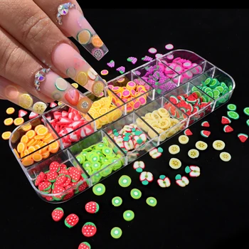 12 Desigs/Box Nail Fruit Slices Decorations Decal Paillette Soft Polymer Clay Tips 3D Cartoon Summer Nail Art Accessories
12 Desigs/Box Nail Fruit Slices Decorations Decal Paillette Soft Polymer Clay Tips 3D Cartoon Summer Nail Art Accessories