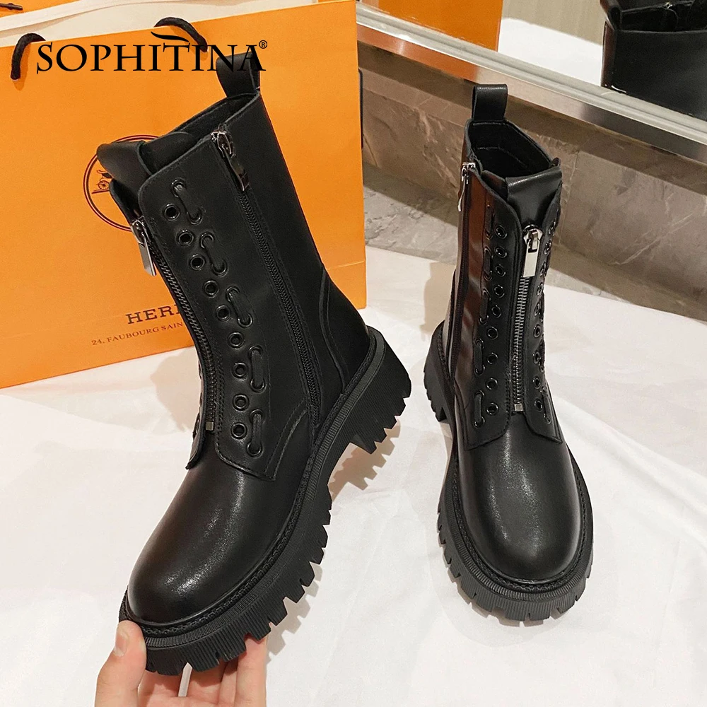 

SOPHITINA Punky Style High Platform Mid-calf Martin Boots Woman Round Toe Zipper Genuine Leather Thick Bottom Shoe po846