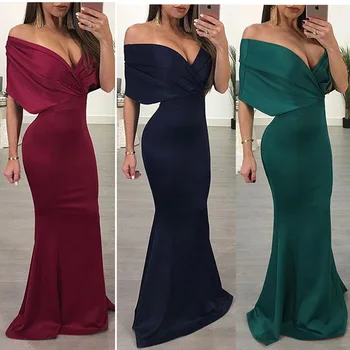 Sexy Off Shoulder Deep V Neck Big Sleeve Solid Color Mermaid Blue Evening Dress Stretchable Soft Party Dress Robe Satin
Sexy Off Shoulder Deep V Neck Big Sleeve Solid Color Mermaid Blue Evening Dress Stretchable Soft Party Dress Robe Satin