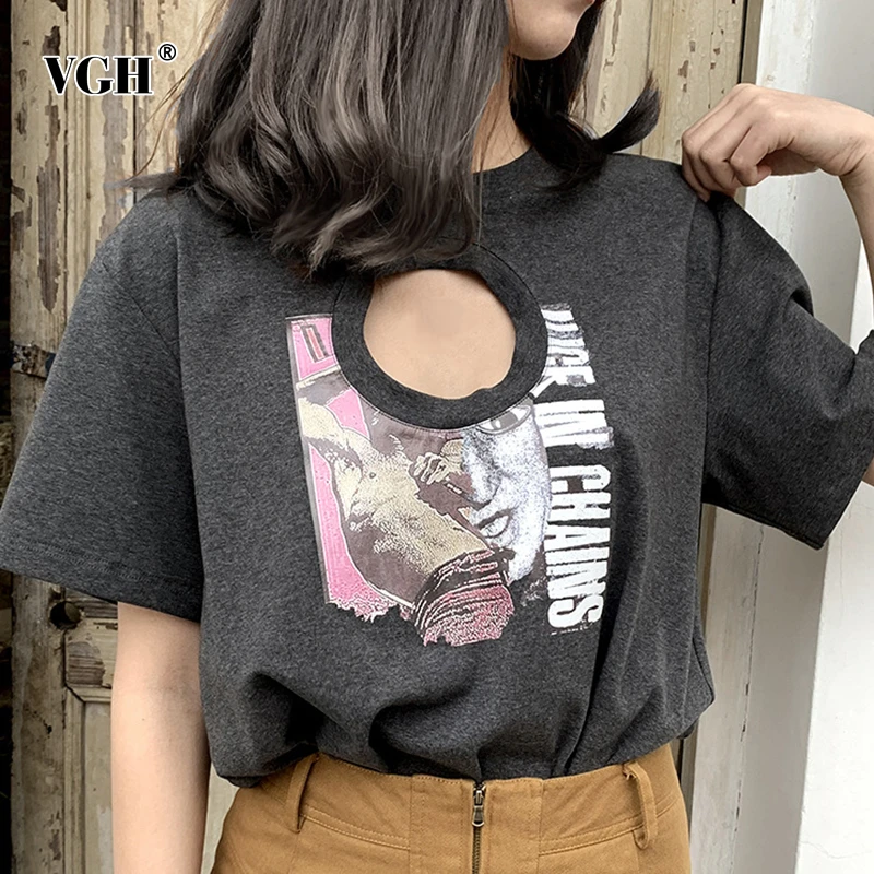 Фото Женская футболка с коротким рукавом VGH свободная пикантная круглым вырезом и