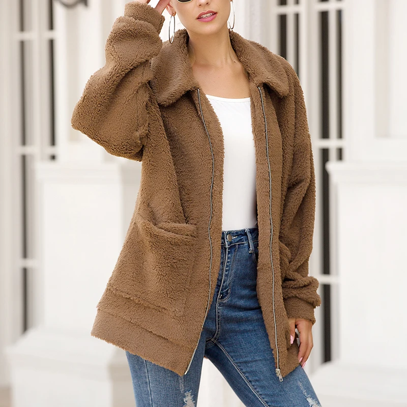 Women Warm Jacket Zipper Long Sleeve Lapel Coat Ladies Fleece Faux Fur Outwear Winter Windproof Thick Plus Size 2XL |