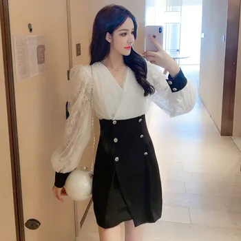 

2020 nian Autumn New Style French Elegant Waist Hugging Lace Long Sleeve High-waisted A- line Irregular Sheath Dress Women