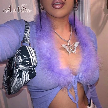 ArtSu Purple V-Neck Long Sleeve Cropped Tshirt Women Feathers Lace Up Bow Bandage Sexy T-shirt Femme Black Shirt ASTS21422
ArtSu Purple V-Neck Long Sleeve Cropped Tshirt Women Feathers Lace Up Bow Bandage Sexy T-shirt Femme Black Shirt ASTS21422