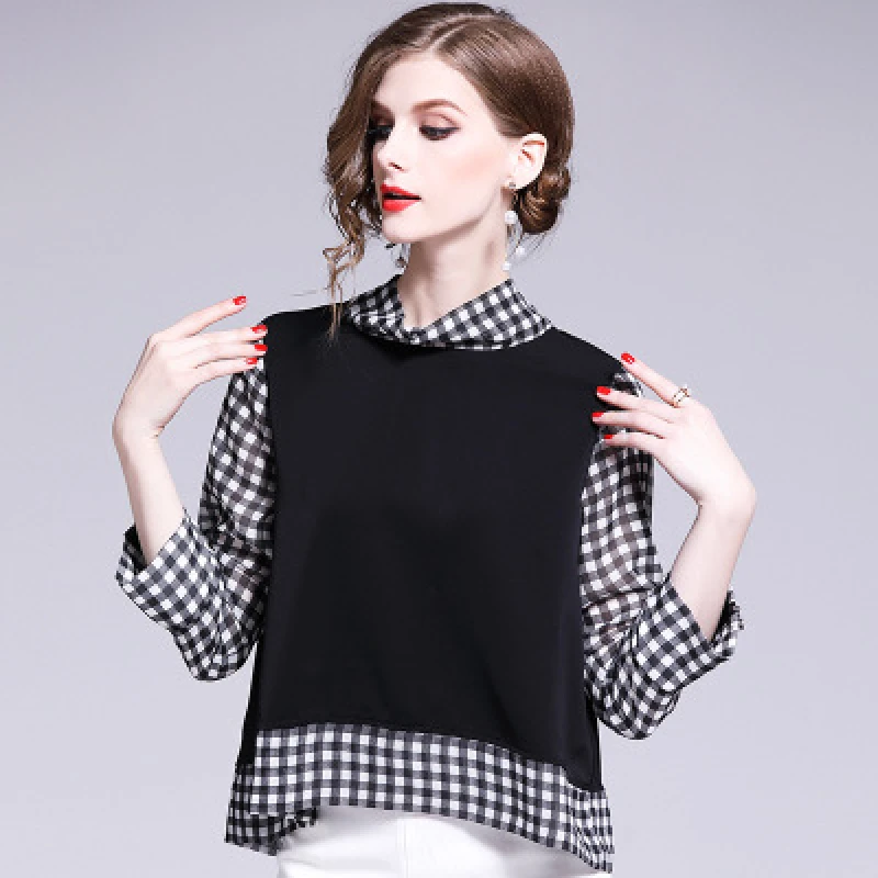 2020 New Summer Women Stand Collar Hit Color Plaid Chiffon Shirts Female Fashion Casual Stripe Splicing British Style Tops QX57
2020 New Summer Women Stand Collar Hit Color Plaid Chiffon Shirts Female Fashion Casual Stripe Splicing British Style Tops QX57