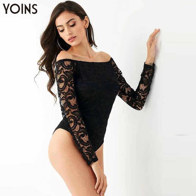 

YOINS Lace Sexy Bodysuit Womens Jumpsuits 2019 Spring Autumn Long Sleeve Off Shoulder Bodycon Playsuits Black Rompers Body Tops