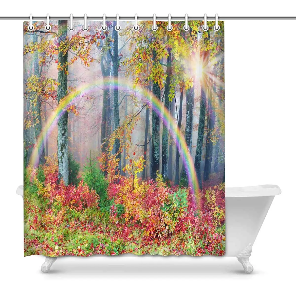 Autumn Foliage Morning Mist at Sunrise Over Alpine Forests with Rainbow Decor Waterproof Polyester Fabric Shower Curtain
Autumn Foliage Morning Mist at Sunrise Over Alpine Forests with Rainbow Decor Waterproof Polyester Fabric Shower Curtain