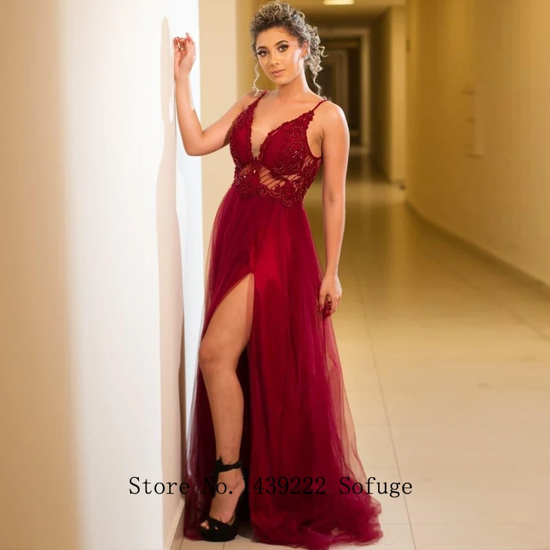 Burgundy Sexy V Neck Evening Dresses Spaghetti Straps High Slit Lace Appliques Backless Special Occasion Formal Party Gown
Burgundy Sexy V Neck Evening Dresses Spaghetti Straps High Slit Lace Appliques Backless Special Occasion Formal Party Gown