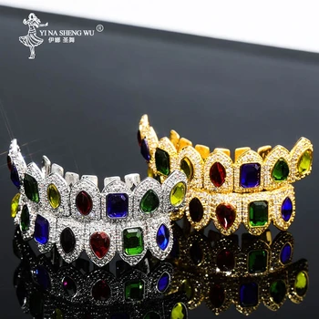 

Hip Hop Gold Color Vampire Fangs Teeth Grills Caps Micro Pave Multi-Color CZ Bling Cubic Zirconia Top & Bottom Teeth Grillz Men