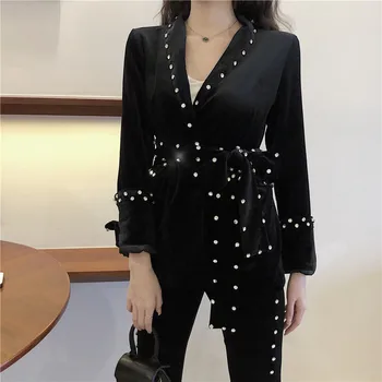 Temperament Diamond Velvet Suits Women Tunic Belted Blazer Jacket and Bell-bottom Pants Two 2 Pieces Set Office Lady Pants Suit
Temperament Diamond Velvet Suits Women Tunic Belted Blazer Jacket and Bell-bottom Pants Two 2 Pieces Set Office Lady Pants Suit