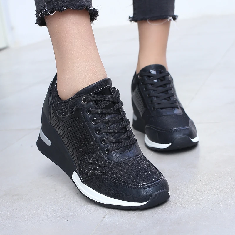 Women Height Increasing Walking Jogging Sneakers 6.5 CM Increase Gold Silver Ladies Sport Running Shoes Comfortable Girl Shoes
