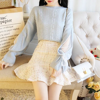Women Lantern Sleeve Pullover Sweater With Thick Woolen Skirts Two Piece Clothing Set Vestido 2019 Autumn Winter New Design 
Women Lantern Sleeve Pullover Sweater With Thick Woolen Skirts Two Piece Clothing Set Vestido 2019 Autumn Winter New Design
