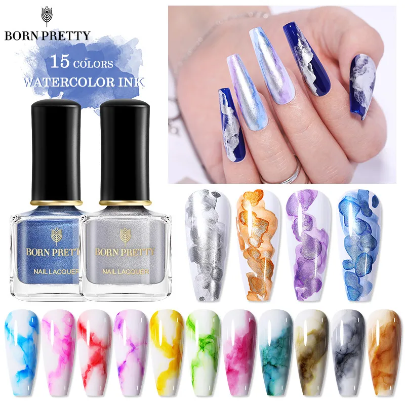 BORN PRETTY 7ml Nail Watercolor Ink Polish Metallic Effect Gold Silver Blue Purple Varnish Marble Nails | Красота и здоровье