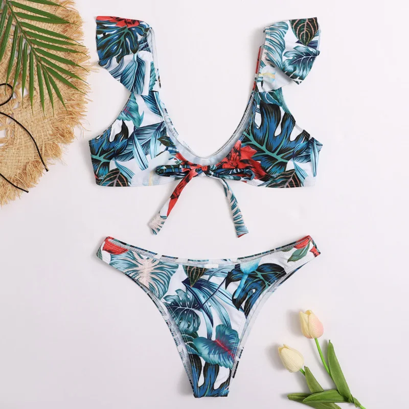 

INGAGA Ruffle Bikinis Swimsuits Thong Swimwear Women Beachwear 2020 New Bow Biquini Bathing Suits Sexy V-neck Bikini Set