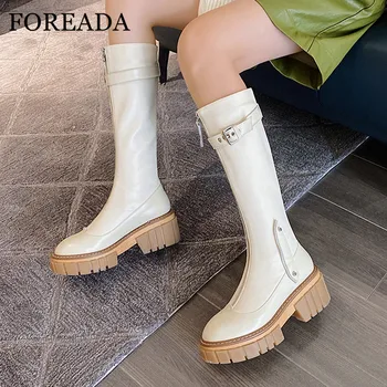 FOREADA High Heel Woman Boots Real Leather Knee High Boots Platform Chunky Heel Long Boots Zip Buckle Ladies Shoes Beige Size 42 
FOREADA High Heel Woman Boots Real Leather Knee High Boots Platform Chunky Heel Long Boots Zip Buckle Ladies Shoes Beige Size 42