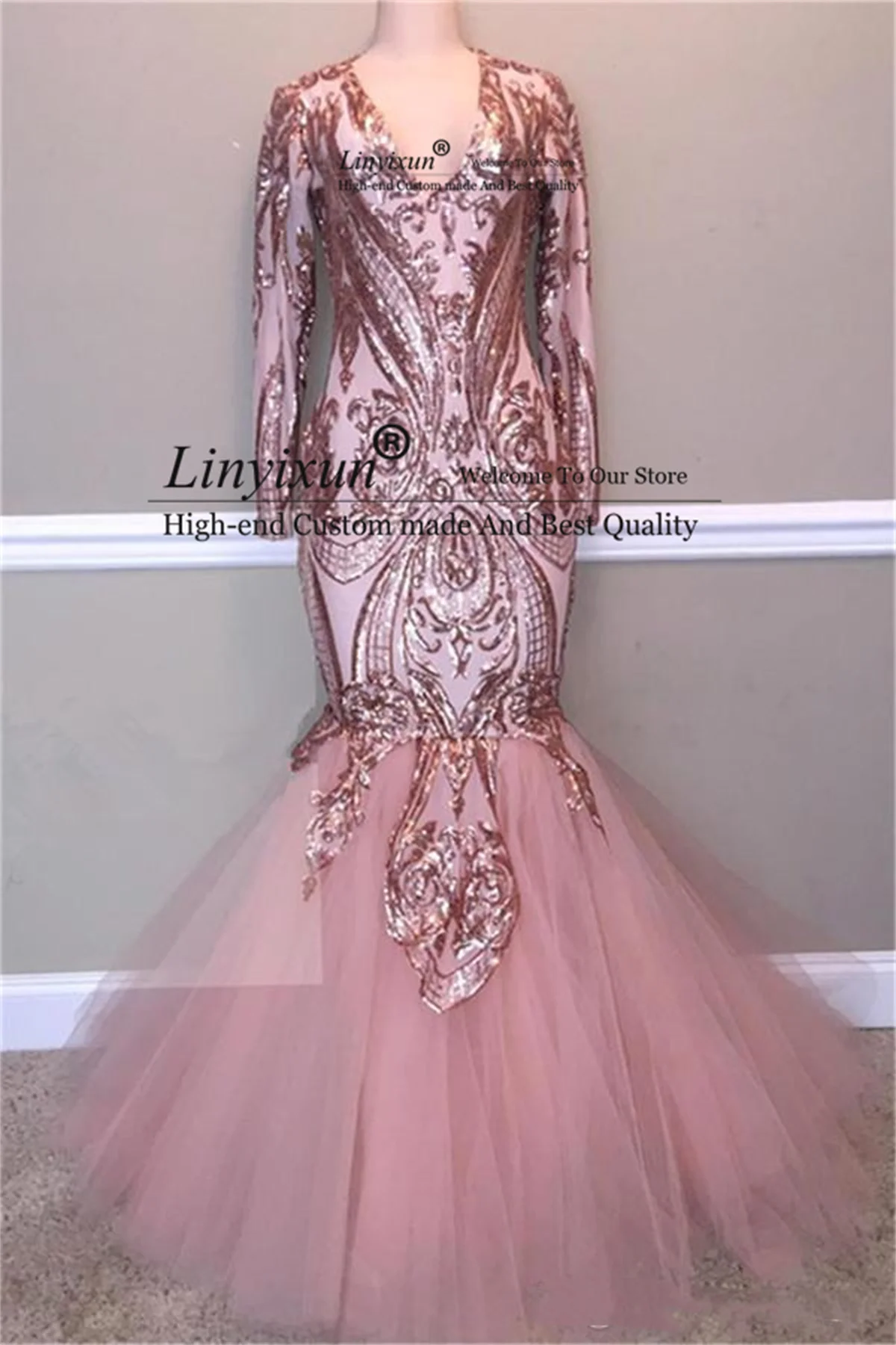 

Blush Pink Sequined Mermaid Prom Dresses Sexy Shinny Long Sleeve Formal Evening Gown Appliques Lace Pageant Party Dress 2022