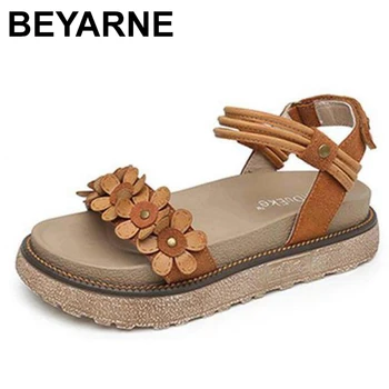 

BEYARNE 34-43 Women Oversized Sandals Summer New Thick Bottom Muffin Sandals British Wild College Roman Wind Medium Heel Sandals