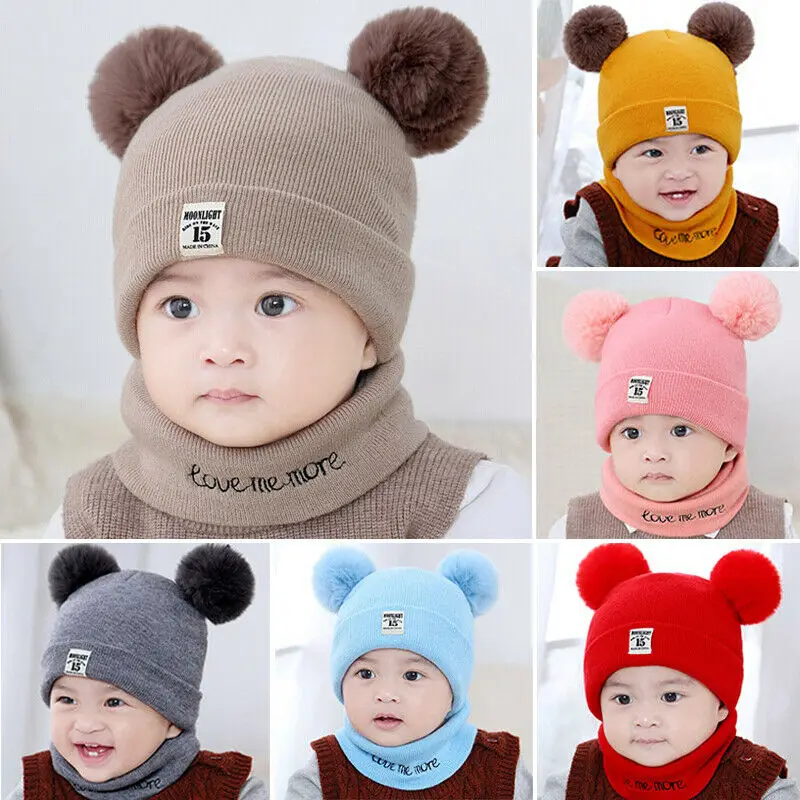 Фото Pudcoco 0-12M Newborn Kids Baby Boy Girl Pom Hat Winter Warm Knit Bobble Beanie Cap Scarf Set | Мать и ребенок