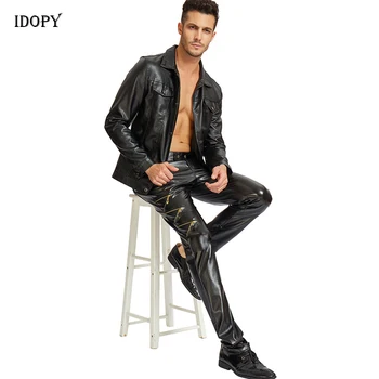 

Idopy DJ Swag Skinny Mens Faux Leather PU Tight Black Joggers Stretchy Party Night Club Biker Pants For Men Boys With Zippers