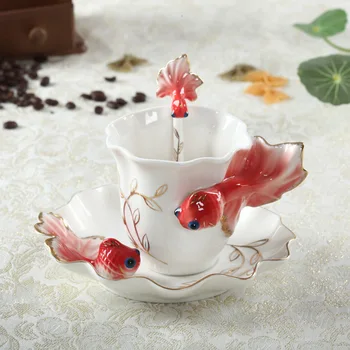 

1 Set Enamel Coffee Mugs Goldfish Cups and Mugs with Saucer Spoon Creative Home Office Drinkware Friend Gifts