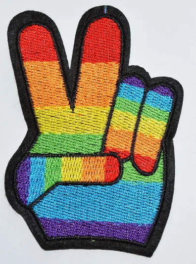 

100x V Sign Victory Hand LGBT Rainbow Finger Hippie Peace applique iron on patch Biker Vest Patch (≈ 6.5 * 8.5 cm)