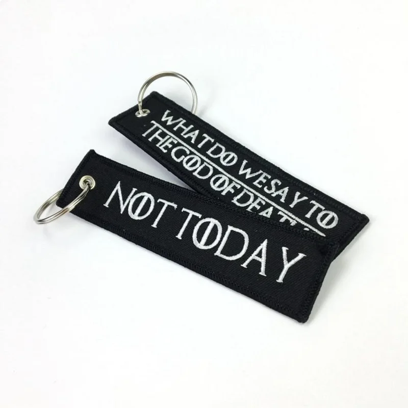 100PCS/LOT Black Key Chain WHAT DO WE SAY TO THE GOD OF DEATH for Motorcycle Car Key Ring Embroidery Key Ring llavero Chaveiro
100PCS/LOT Black Key Chain WHAT DO WE SAY TO THE GOD OF DEATH for Motorcycle Car Key Ring Embroidery Key Ring llavero Chaveiro