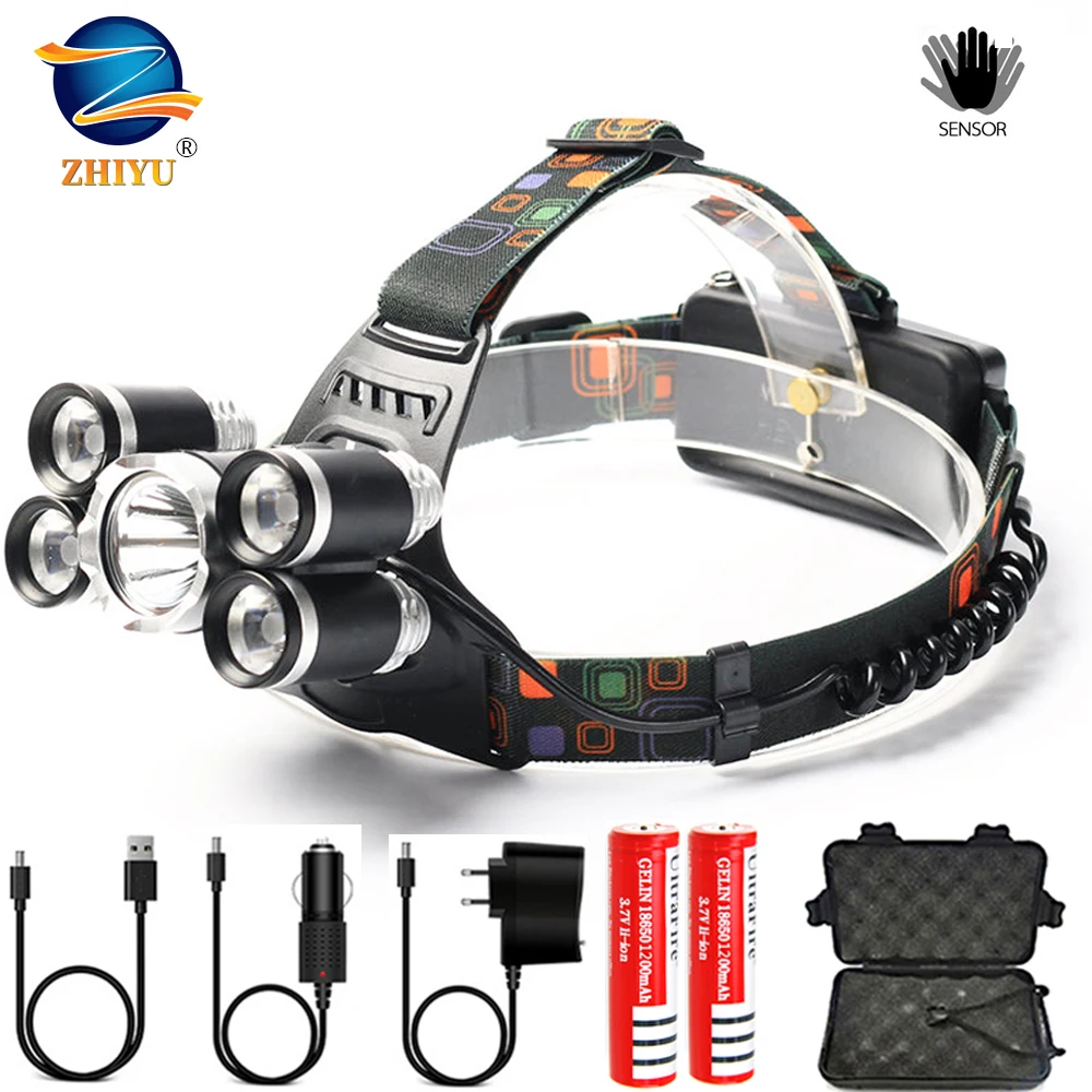 Powerful LED Headlight Headlamp 5LED T6 Head Lamp Flashlight Torch Light With IR sensor 18650 Battery for Camping fishing | Лампы и
