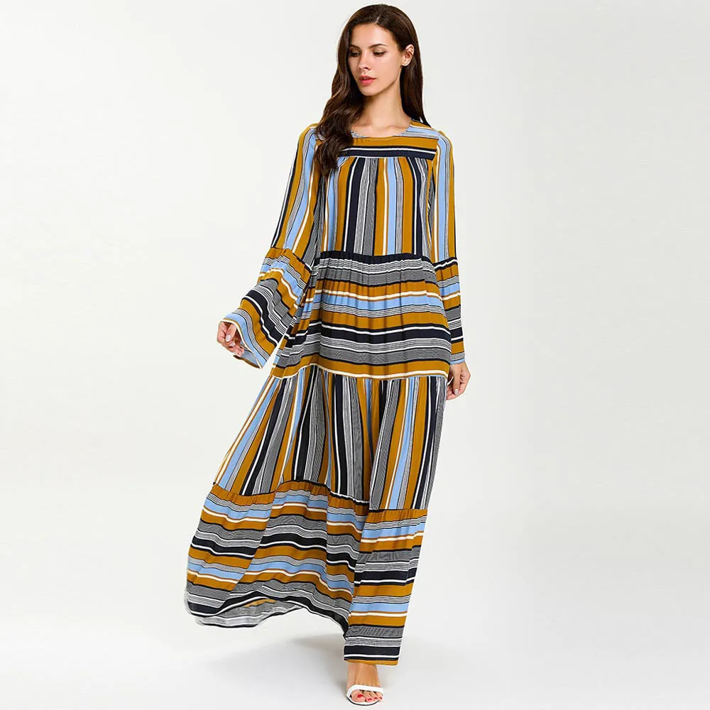 

Fashion Flare Sleeve Ankle-Length Stripe Dresses High Waist Arabian Muslim Women's Long Dresses Ethnic Pullover