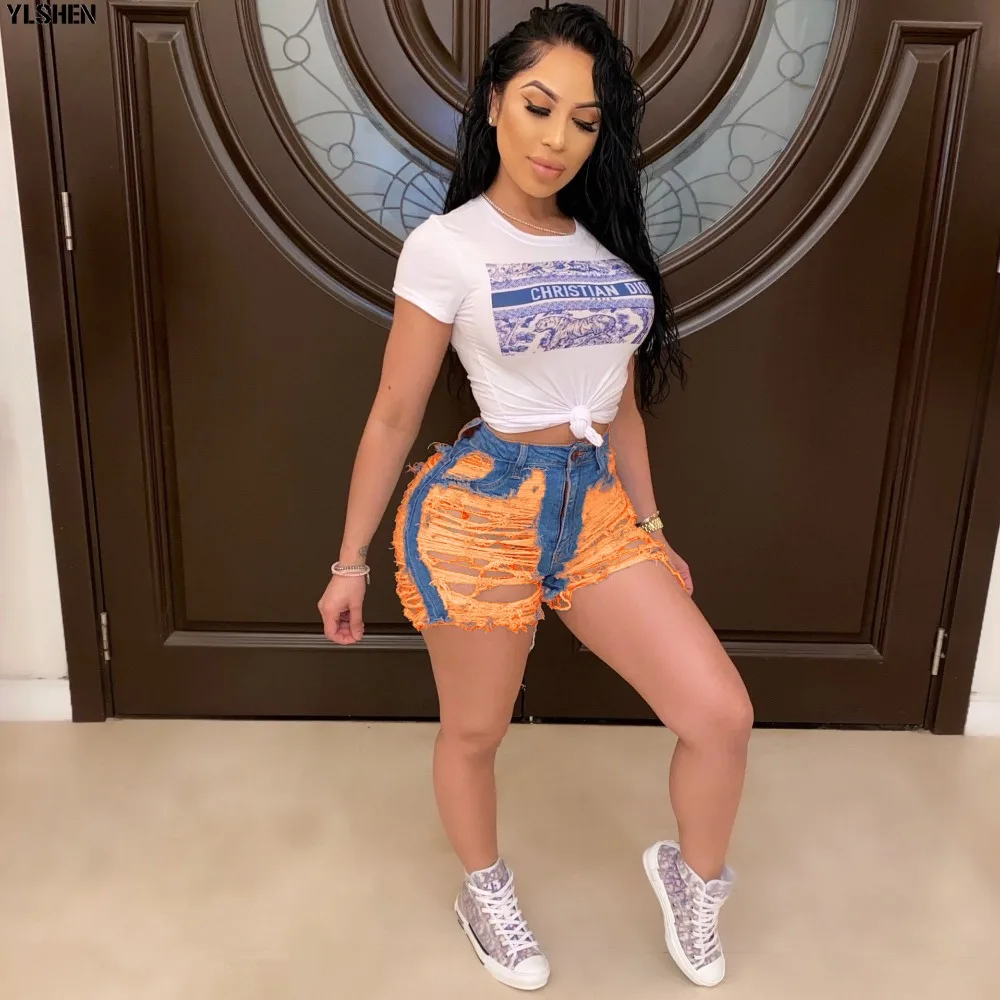 Streetwear Denim Pants Women Casual Joggers Holes Candy Jeans High Waist Skinny Female Trousers Korean Style Ladies Pants Capri 06