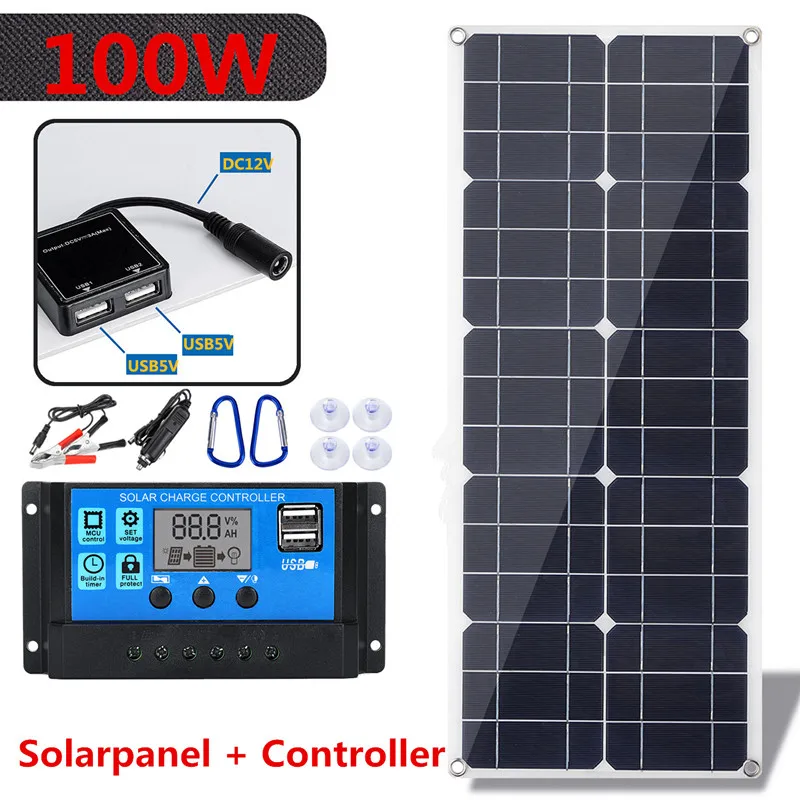 Фото Монокристаллическая солнечная панель 100 Вт 18 в двойная 12 В/5 В постоянного тока USB