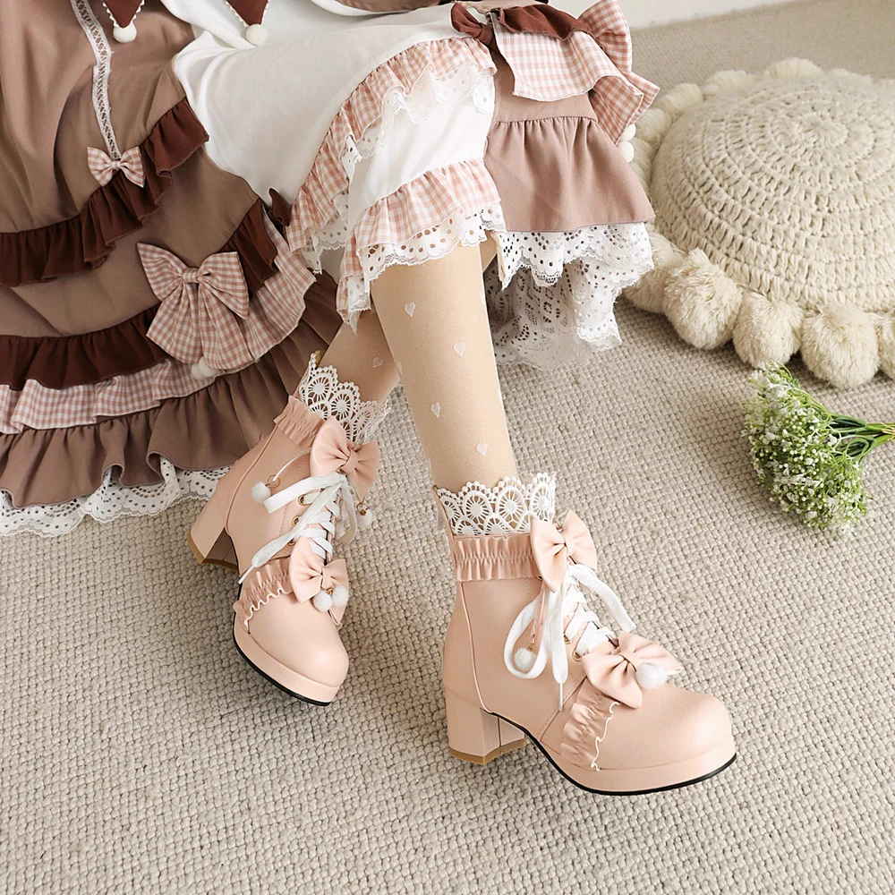 Pink White Black Chunky Heel Lolita Shoes Butterfly-knot Hollow Lace Womens Cosplay Princess Court Vintage Winter Ankle Boots Pink White Black Chunky Heel Lolita Shoes Butterfly-knot Hollow Lace Womens Cosplay Princess Court Vintage Winter Ankle Boots