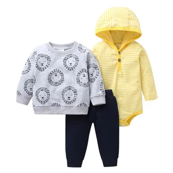 2019 Baby's Sets Three-Piece Long-Sleeved Trousers Bodysuit Hooded Boys Cartoon Striped Top Solid Color Pants Romper 
2019 Baby's Sets Three-Piece Long-Sleeved Trousers Bodysuit Hooded Boys Cartoon Striped Top Solid Color Pants Romper