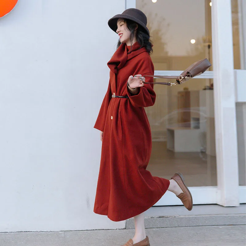 Winter women's long woolen coat fashionable French retro cloak loose orange-red woolen coat with belt warm coat 2020
Winter women's long woolen coat fashionable French retro cloak loose orange-red woolen coat with belt warm coat 2020