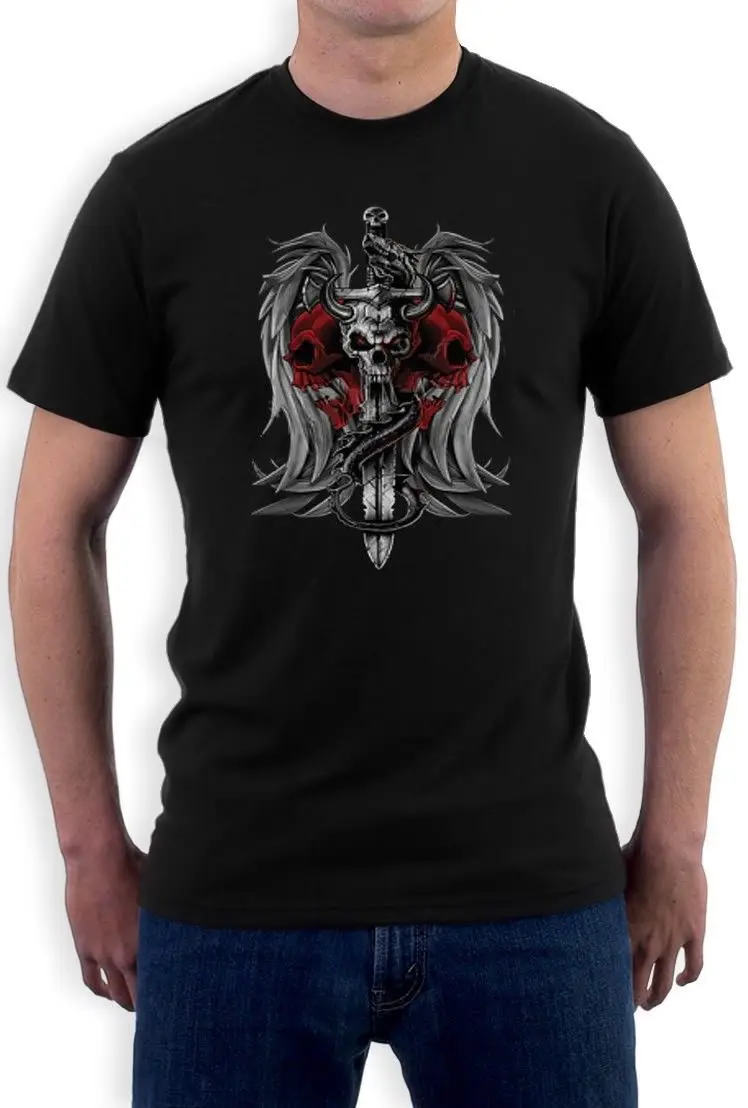 

Gothic Biker Death Skull Sword Dragon Tattoo Printed T-Shirt. Summer Cotton O-Neck Short Sleeve Men's T Shirt New Size S-3XL