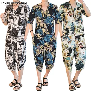 Summer Men Chic Printed Short Sleeve V Neck T-shirt+Shorts Casual Sets Retro Fashion Comfort Joker Mens Suits Streetwear INCERUN
Summer Men Chic Printed Short Sleeve V Neck T-shirt+Shorts Casual Sets Retro Fashion Comfort Joker Mens Suits Streetwear INCERUN